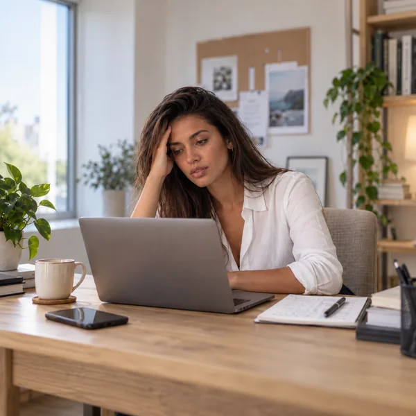 Donna esausta alla scrivania davanti al laptop durante una giornata di lavoro