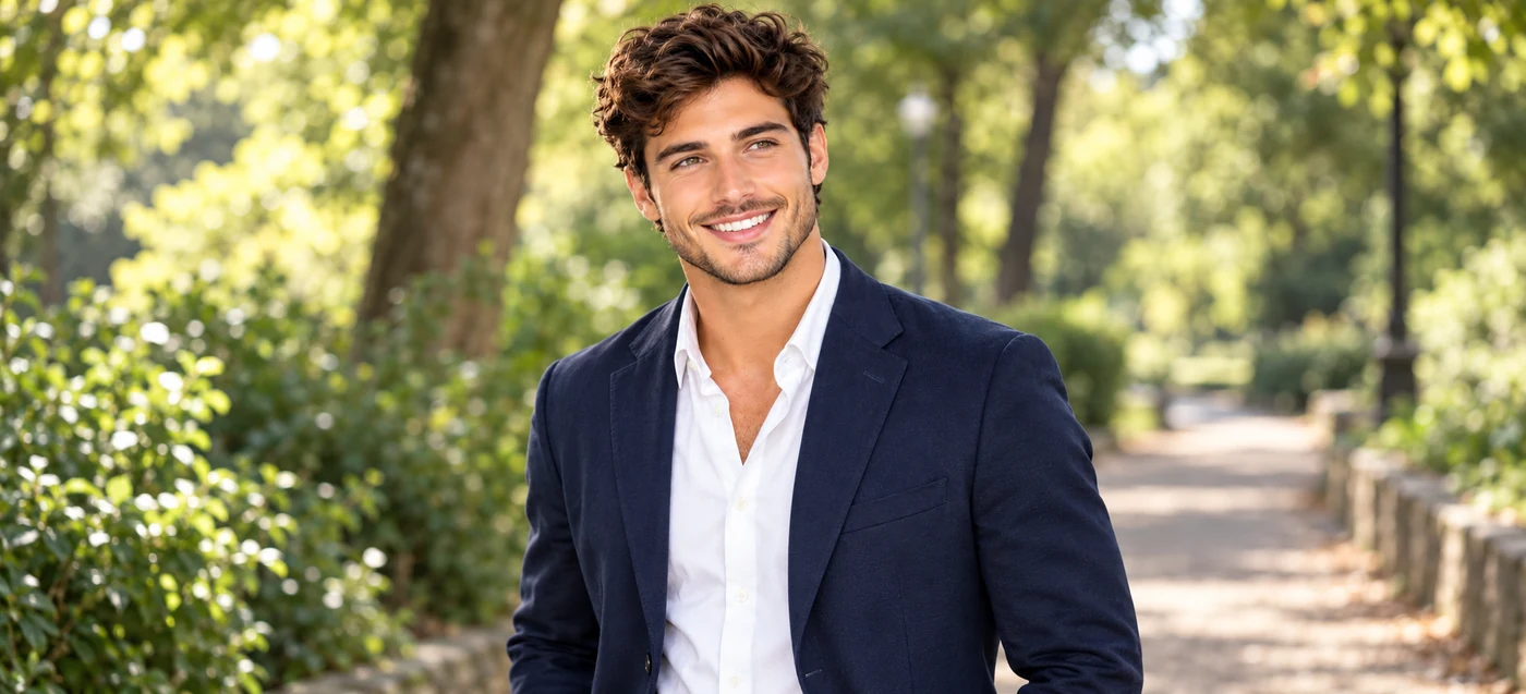 Giovane uomo sorridente con giacca blu e camicia bianca in un parco alberato