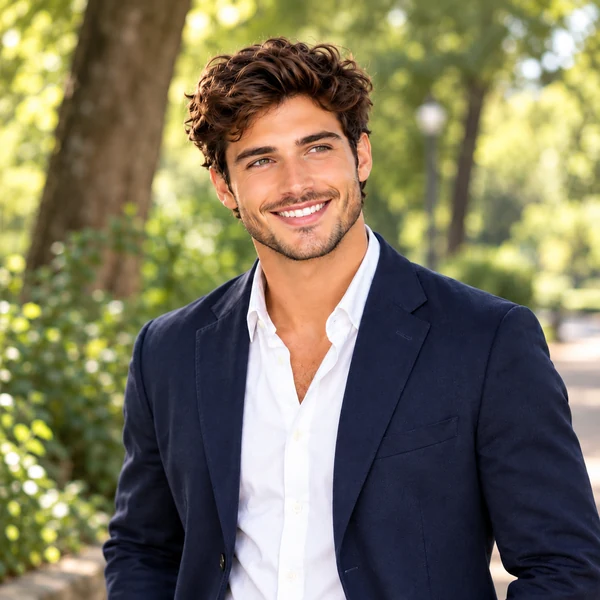 Giovane uomo sorridente con giacca blu e camicia bianca in un parco alberato