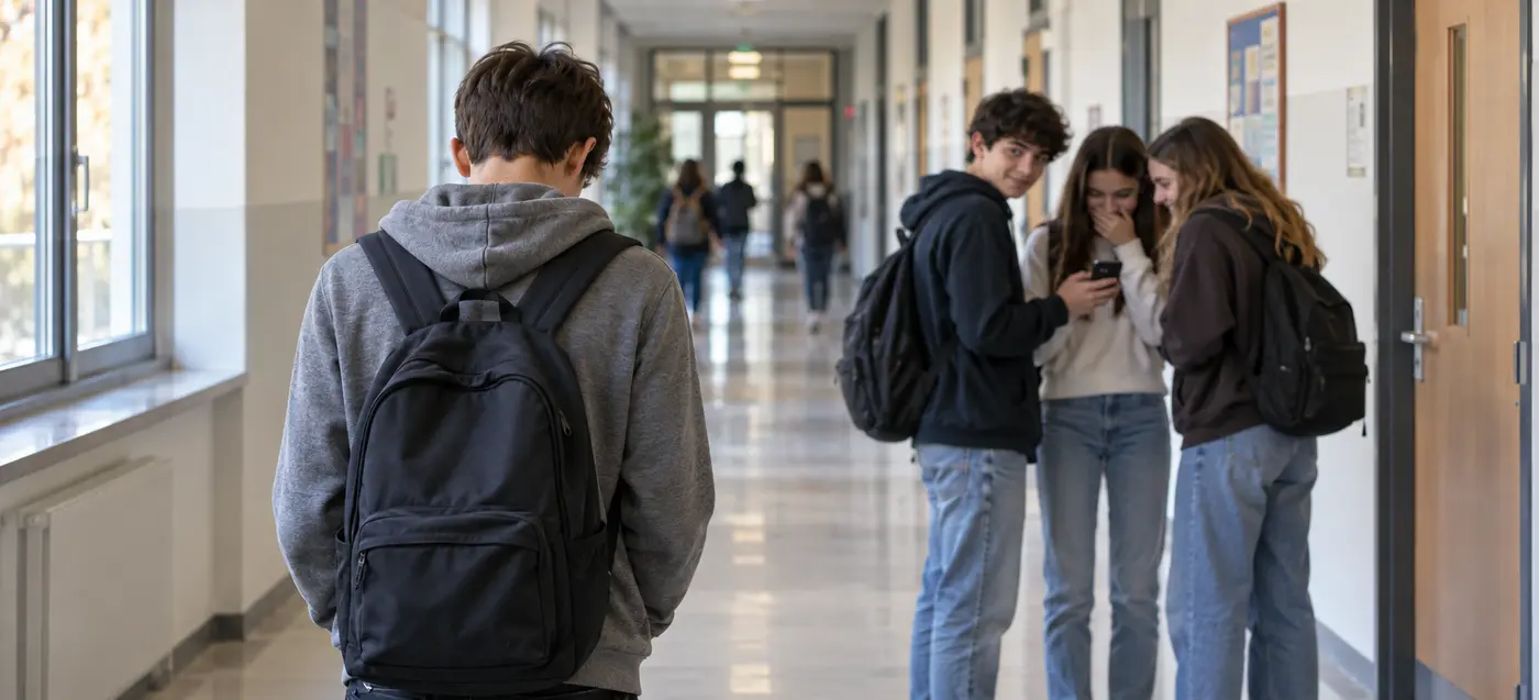 Ragazzo di spalle con zaino nel corridoio scolastico, separato da tre coetanei raccolti intorno a uno smartphone