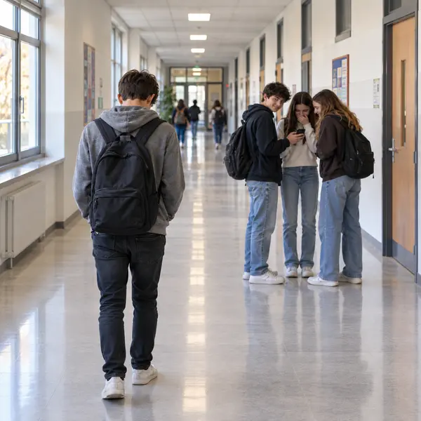 Ragazzo di spalle con zaino nel corridoio scolastico, separato da tre coetanei raccolti intorno a uno smartphone