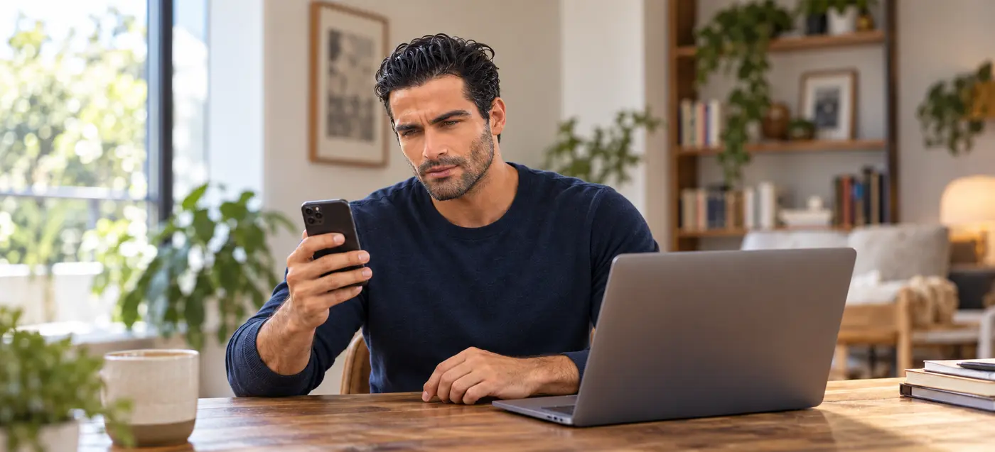 Uomo con maglione blu che guarda lo smartphone, seduto a una scrivania con un portatile aperto