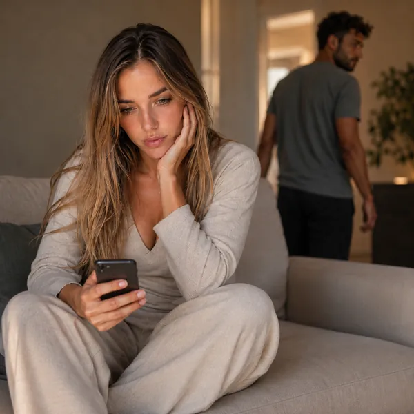 Donna pensierosa con il telefono mentre il partner si allontana sullo sfondo