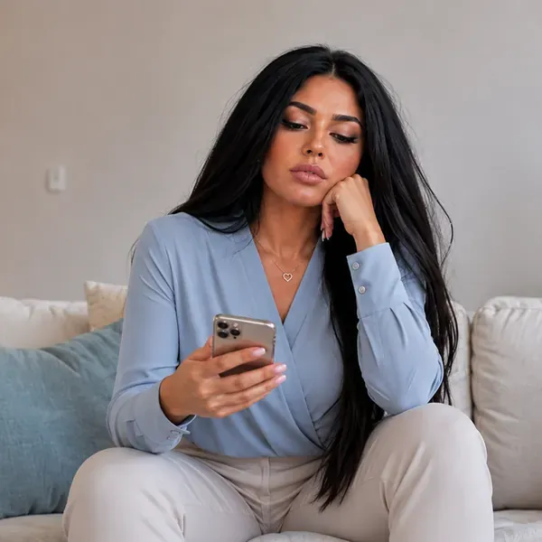 Donna pensierosa seduta sul divano mentre guarda lo smartphone in attesa di una risposta