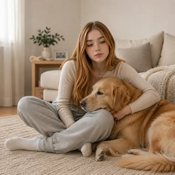 Giovane donna con un golden retriever in un momento di affetto e vicinanza