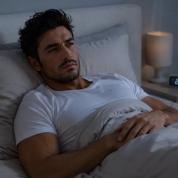 Uomo sveglio nel letto durante la notte perché non riesce a interrompere i pensieri