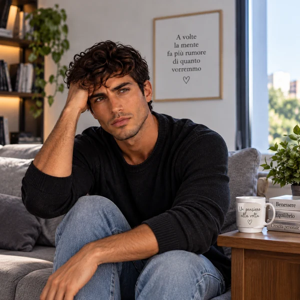 Uomo pensieroso seduto sul divano mentre vive un momento di overthinking e rimuginio