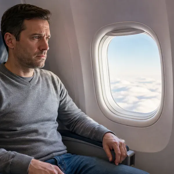 Uomo seduto accanto al finestrino di un aereo con espressione tesa e pensierosa