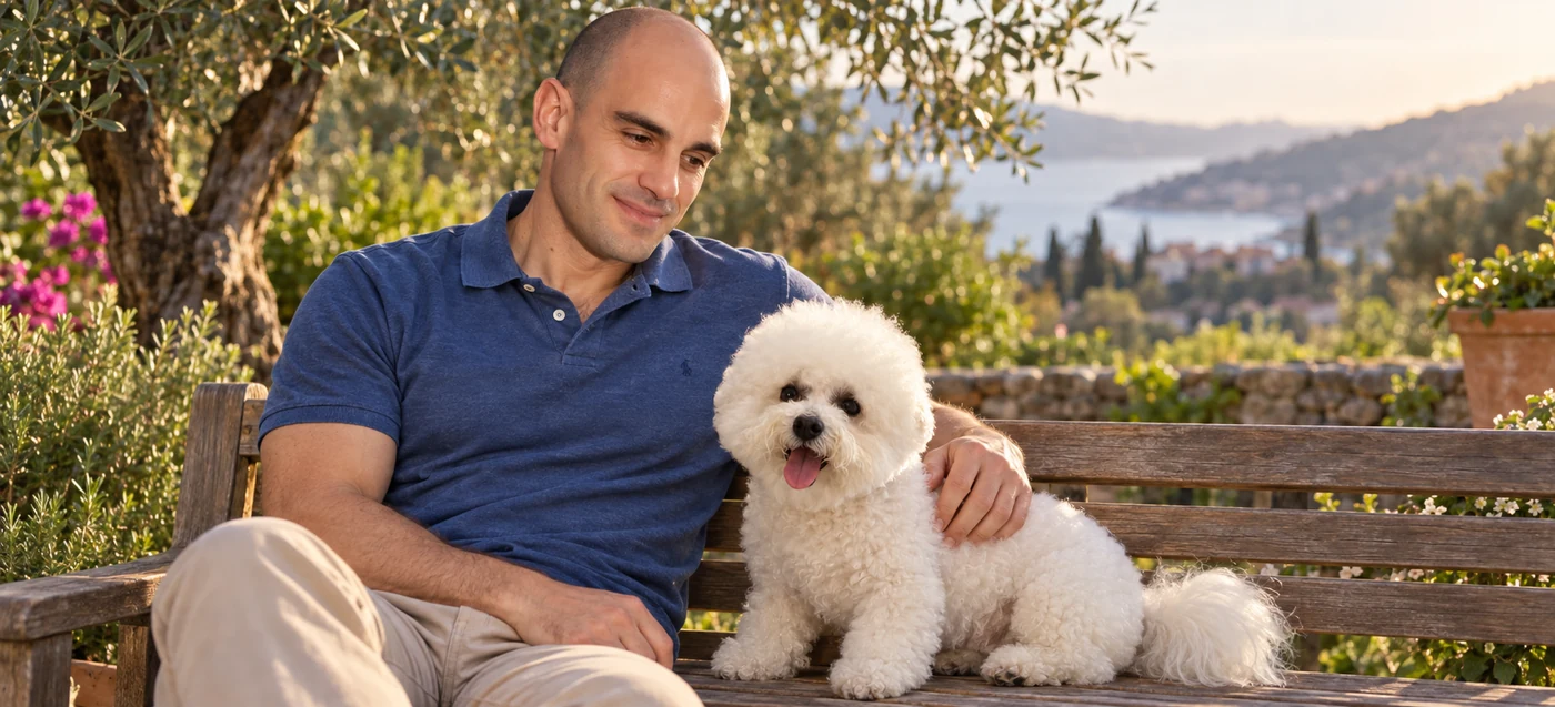 Uomo seduto su una panchina in giardino mentre accarezza un piccolo cane bianco