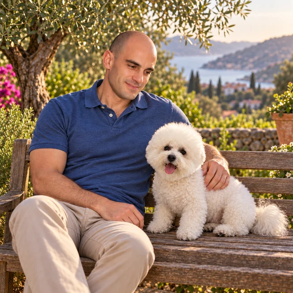 Uomo seduto su una panchina in giardino mentre accarezza un piccolo cane bianco