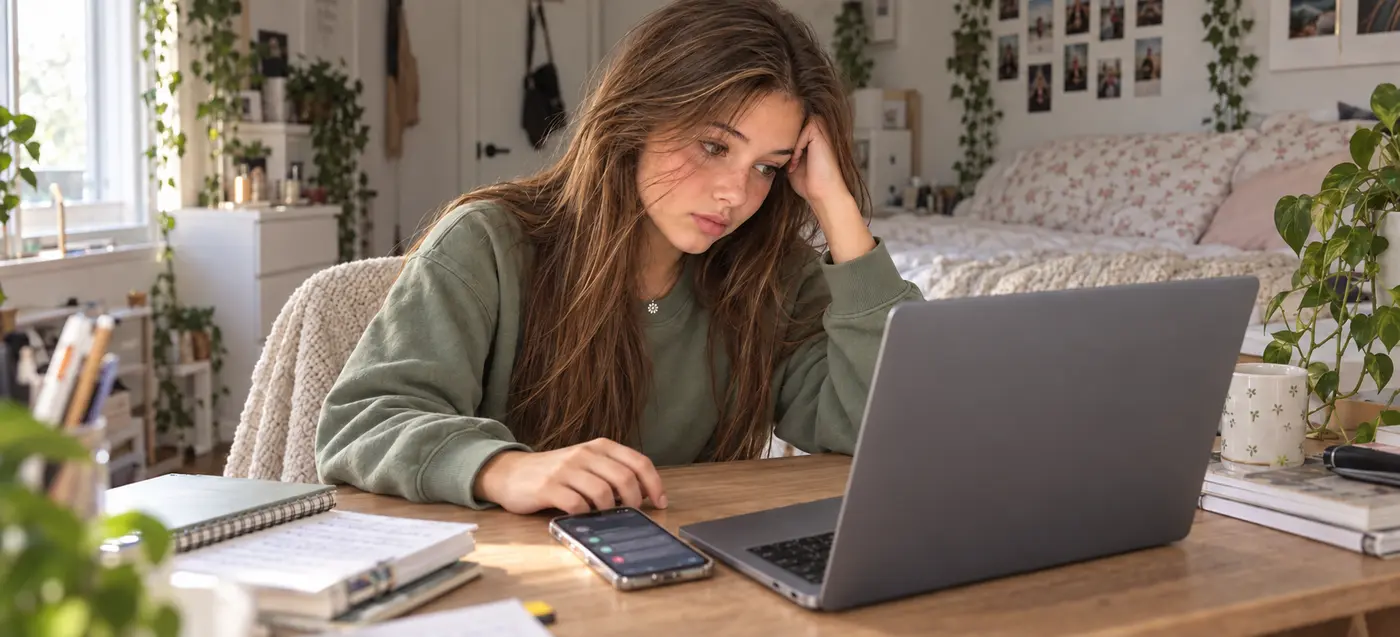 Ragazza con felpa verde alla scrivania, una mano alla tempia, davanti a un portatile e uno smartphone
