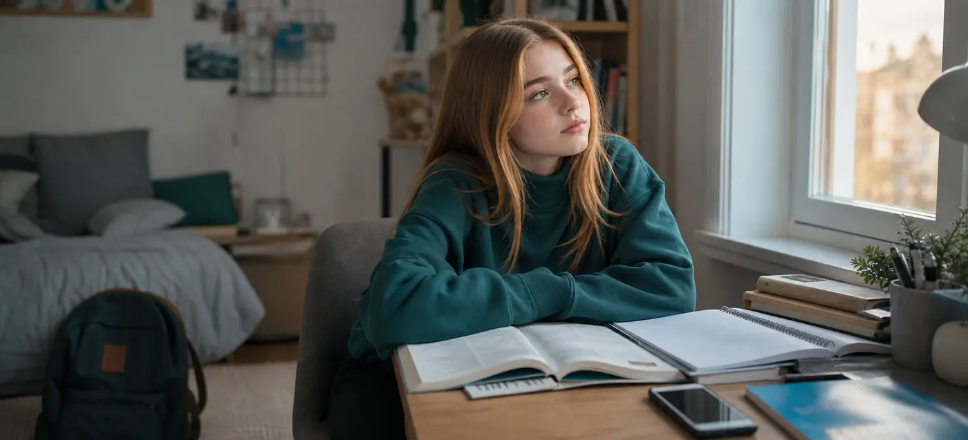 Giovane studentessa pensierosa alla scrivania davanti ai libri mentre guarda fuori dalla finestra