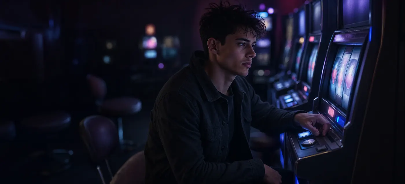 Uomo solo e stanco davanti a una slot machine in una sala da gioco notturna