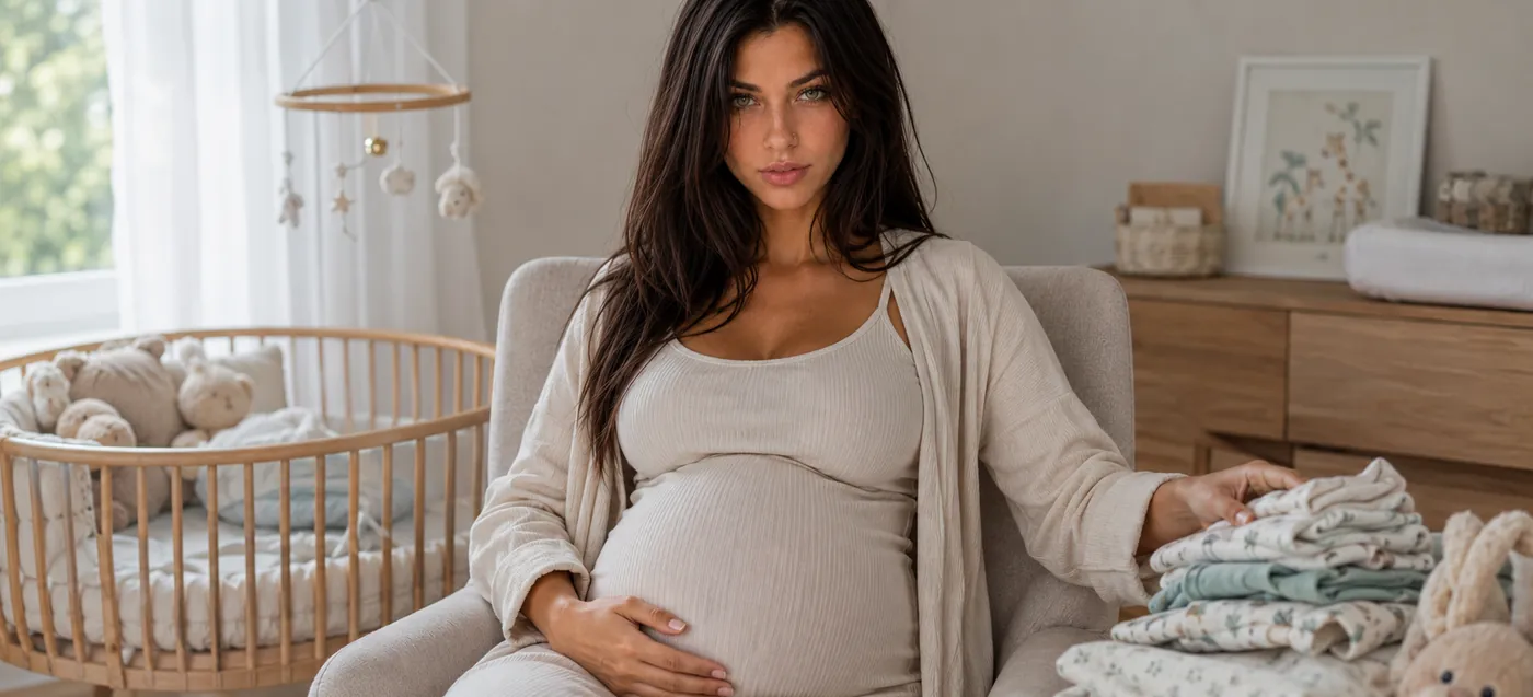 Donna incinta seduta nella cameretta del bambino fra culla e vestitini preparati per la nascita