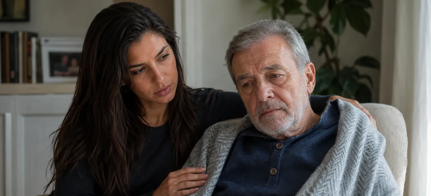 Donna sostiene con affetto un familiare anziano malato seduto in casa