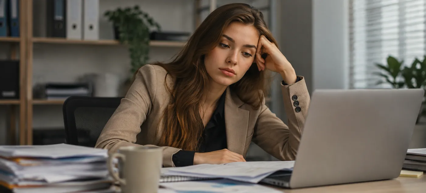 Lavoratrice esausta alla scrivania davanti al computer e a una grande quantità di documenti