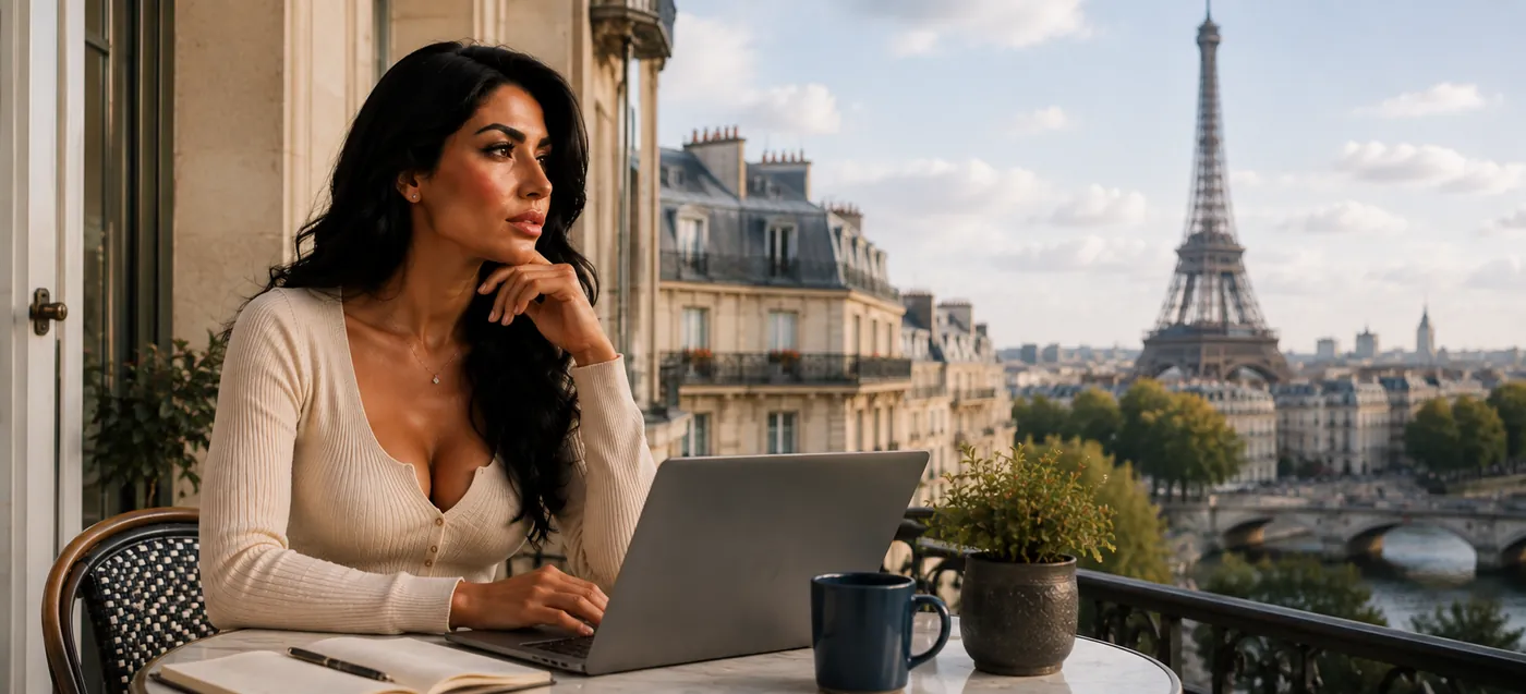 Donna italiana all'estero durante una consulenza psicologica online con laptop, con Parigi sullo sfondo