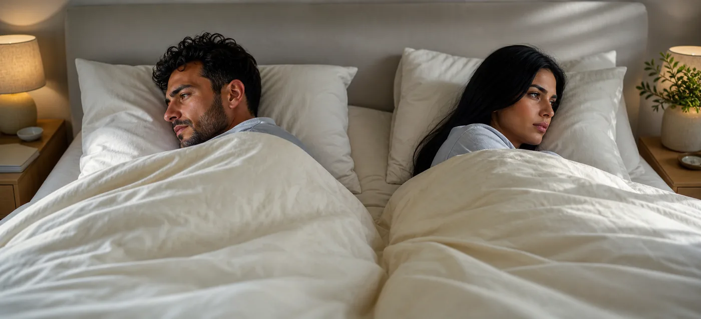 Coppia adulta a letto, coperta e girata in direzioni opposte